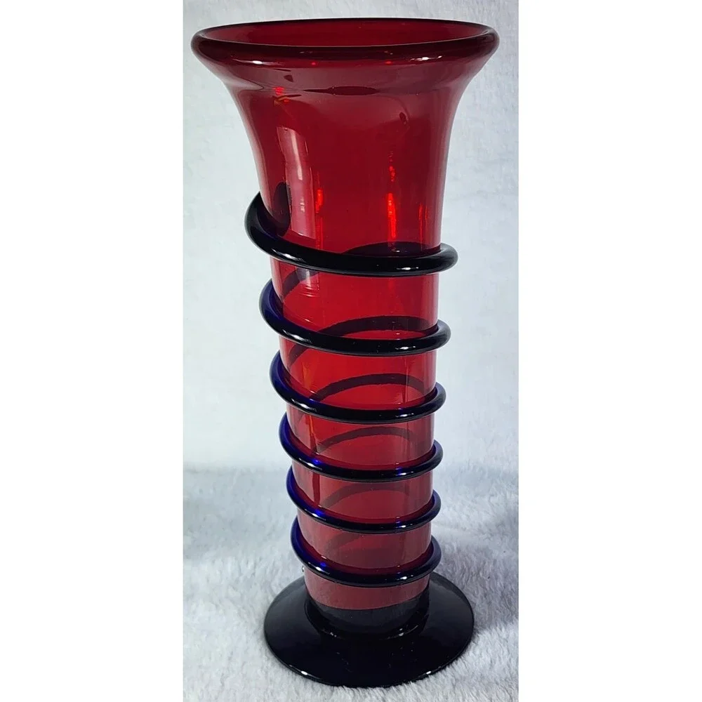 Vintage Art Deco Vase ~ Cobalt Blue SNAKE CORDING on Red Glass Decor 10.25”